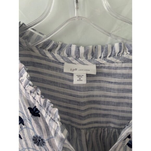 J Jill Love Linen Blue Striped‎ Embroidered Ruffle Neck Blouse Top Petite - Picture 2 of 3